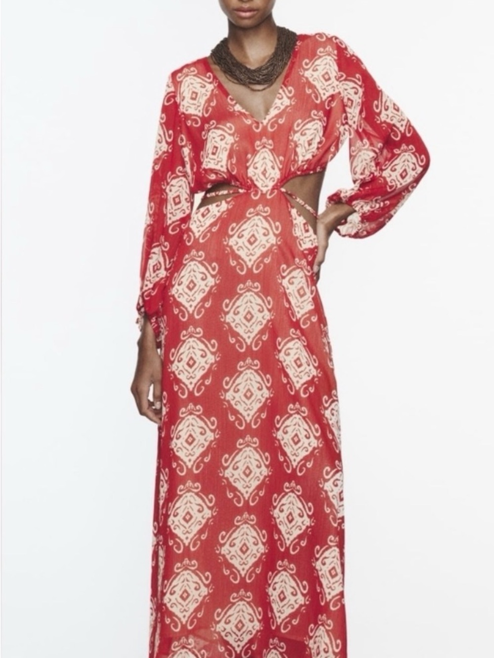Zara Red Printed Cutout Maxi with Cream Motif